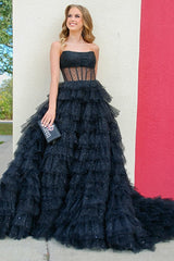 Gold Tulle Sequin Strapless Ruffle Tiered Long Prom Dress