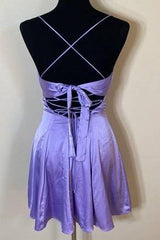 back of Purple Spaghetti Straps A-Line Homecoming Dress