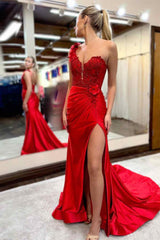 Applique One Shoulder Mermaid Long Formal Gown with Slit