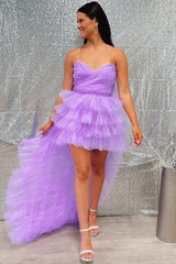 Lilac Tulle Strapless High-Low Homecoming Dress with Ruffles