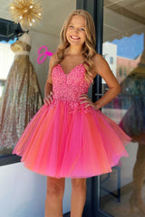 Pink V Neck Appliques Straps A-line Homecoming Dress