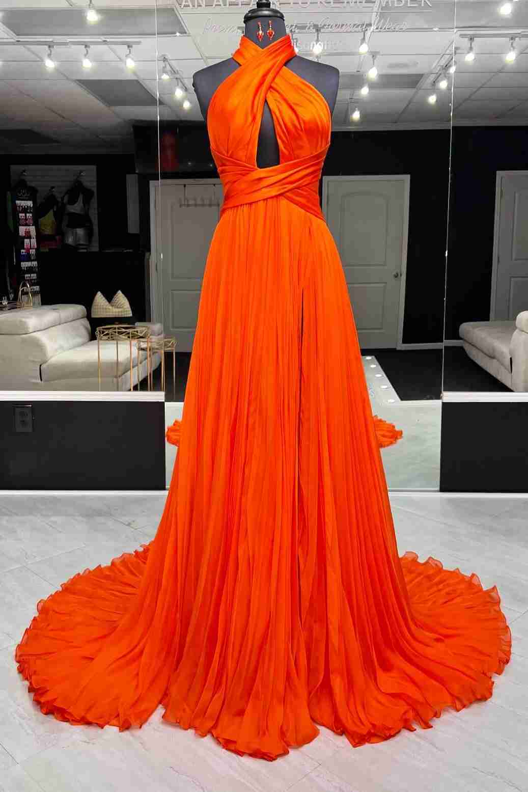 Pleated Orange Halter Long Prom Dress with Keyhole