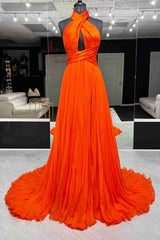 Pleated Orange Halter Long Prom Dress with Keyhole