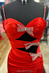 Mermaid Red Spaghetti Straps Keyhole Rhinestone Prom Dress with Slit