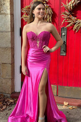 Hot Pink Lace Sweetheart Keyhole Mermaid Long Gown with Slit