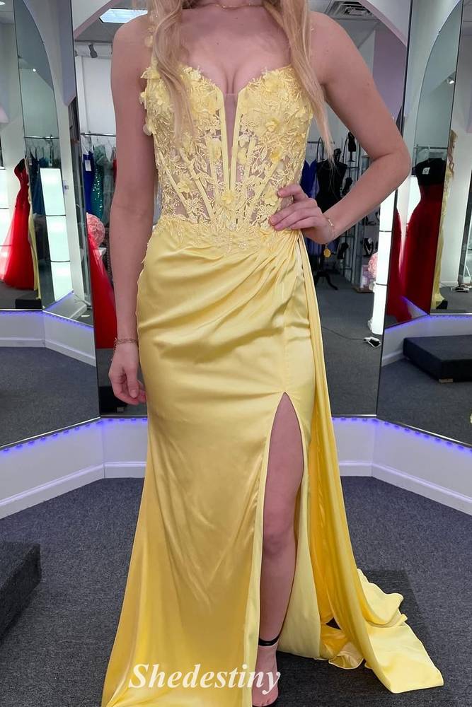 Yellow Sweetheart Mermaid Sequin Applique Slit Long Prom Dress