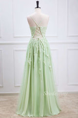 Sage Appliques Plunge V Lace-Up A-Line Long Prom Dress