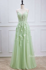 Sage Appliques Plunge V Lace-Up A-Line Long Prom Dress