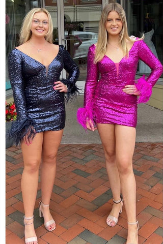 Fuchsia Sequin Plunge V Open Back Cocktail Dress with Long Sleeves