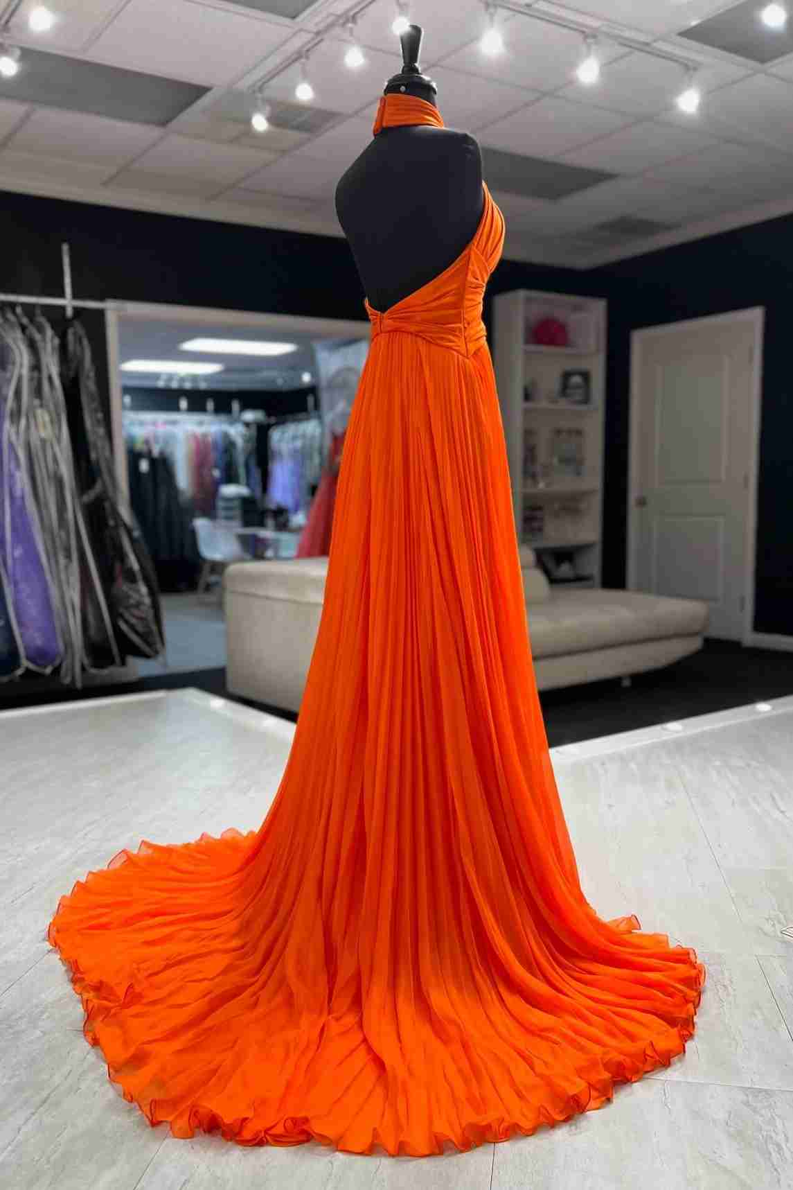 Pleated Keyhole Orange Halter Long Prom Dress