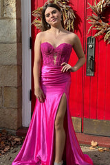 Hot Pink Lace Sweetheart Keyhole Mermaid Long Gown with Slit