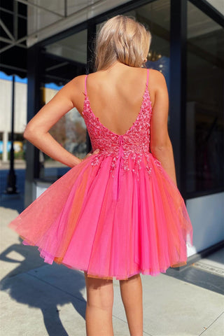 Pink V Neck Appliques Straps A-line Homecoming Dress