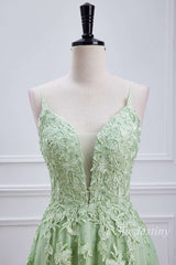 Sage Appliques Plunge V Lace-Up A-Line Long Prom Dress