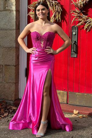 Hot Pink Lace Sweetheart Keyhole Mermaid Long Gown with Slit