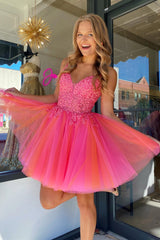 Pink V Neck Appliques Straps A-line Homecoming Dress