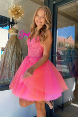 Pink V Neck Appliques Straps A-line Homecoming Dress