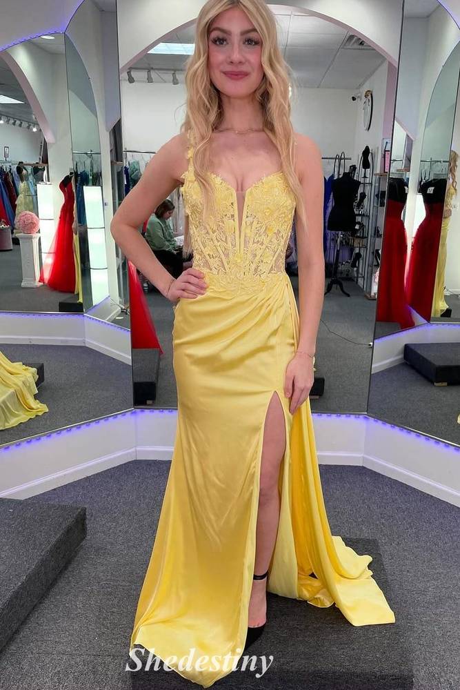 Yellow Sweetheart Mermaid Sequin Applique Slit Long Prom Dress