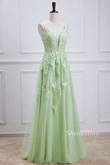 Sage Appliques Plunge V Lace-Up A-Line Long Prom Dress