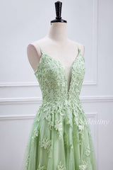 Sage Appliques Plunge V Lace-Up A-Line Long Prom Dress