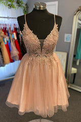 Nude Rose Tulle Appliques A-Line Homecoming Dress