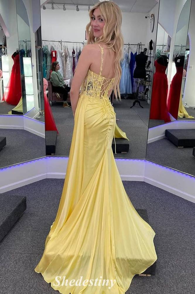 Yellow Sweetheart Mermaid Applique Slit Long Prom Dress