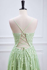 Sage Appliques Plunge V Lace-Up A-Line Long Prom Dress