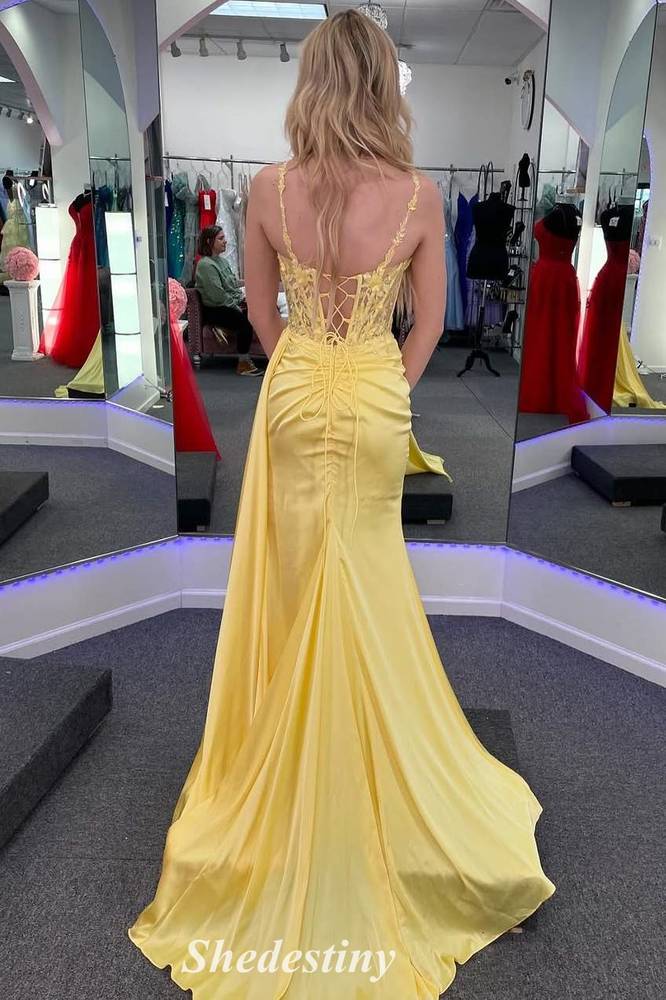 Yellow Sweetheart Mermaid Applique Slit Long Prom Dress