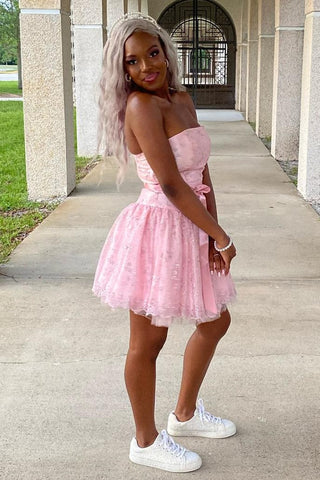 Pink Lace Strapless A-Line Short Homecoming Dress