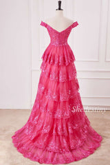 Fuchsia Floral Appliques Off-the-Shoulder Ruffle Tiered Gown