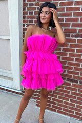 Magenta Tulle Strapless Tiered Party Dress with Ruffles