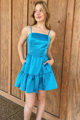 Blue Spaghetti Strap A-Line Short Dress with Pockets