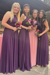 Plum Chiffon Halter Long Bridesmaid Dress