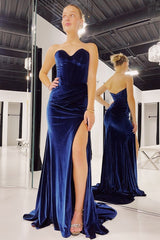 Royal Blue Velvet Sweetheart Mermaid Long Formal Dress with Slit