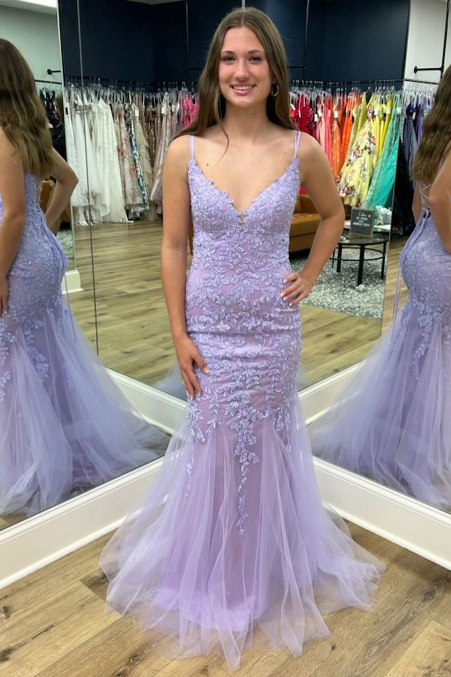 Lavender Appliques Lace-Up Trumpet Long Formal Dress