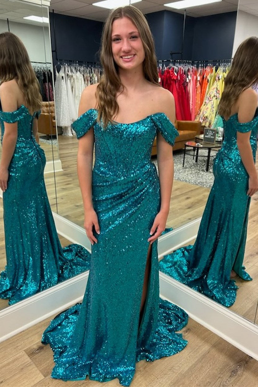 Royal Blue Sequin Off-the-Shoulder Mermaid Long Prom Dress with Slit