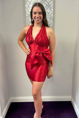 Red Halter Bodycon Homecoming Dress with Bow