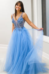 Blue Tulle Beaded Plunge V A-Line Long Formal Dress