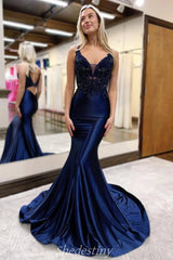 V-Neck Satin Mermaid Navy Long Prom Dress with Applique Rhinestone
