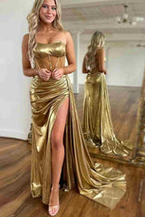 Metallic Golden Strapless Sheer Corset Long Prom Dress with Slit