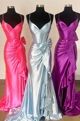 Hot Pink Spaghetti Straps Mermaid Satin Long Corset Prom Dress with Bow