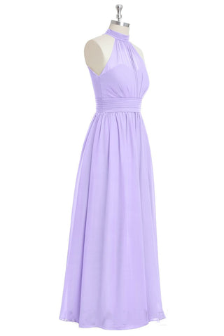 Lavender Halter Bow Tie A-line Chiffon Long Bridesmaid Dress with Slit