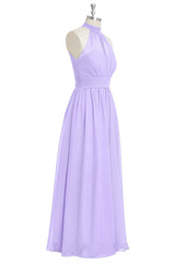 Lavender Halter Bow Tie A-line Chiffon Long Bridesmaid Dress with Slit