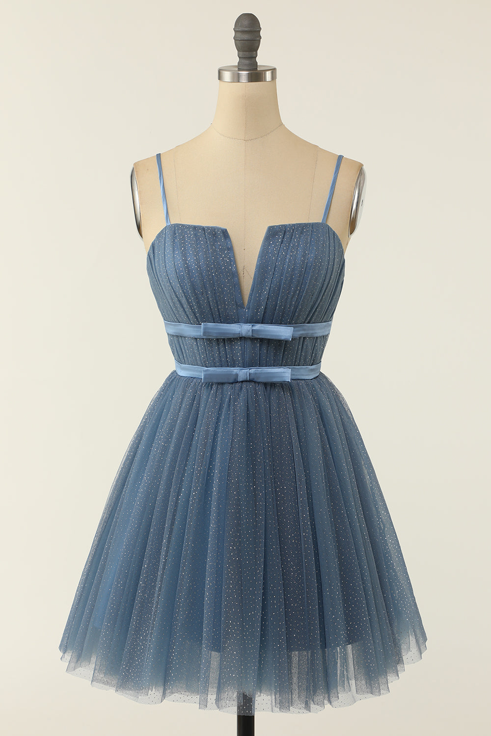 Smoky Blue Tulle Spaghetti Strap A-Line Homecoming Dress