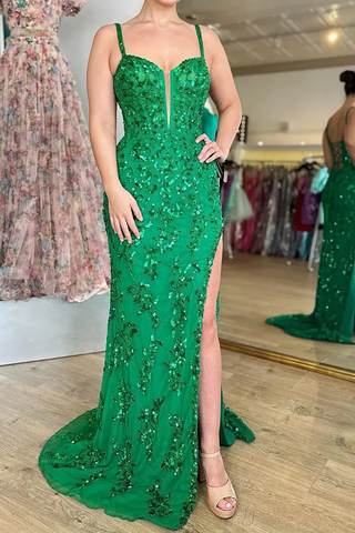 Green Sequins V-Neck Mermaid Slit Long Prom Dress with Applique