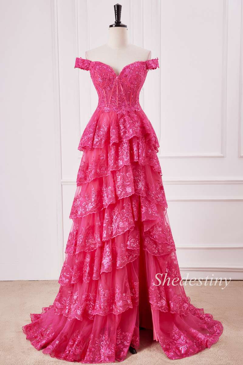 Fuchsia Floral Appliques Off-the-Shoulder Ruffle Tiered Gown