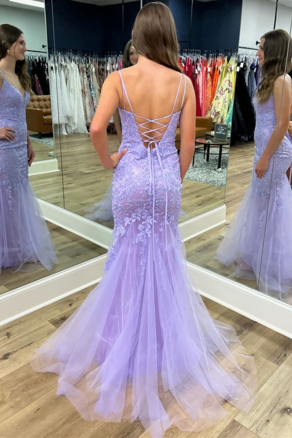 Lavender Appliques Lace-Up Trumpet Long Formal Dress