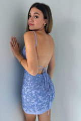 Periwinkle Appliques Lace-Up Short Formal Dress