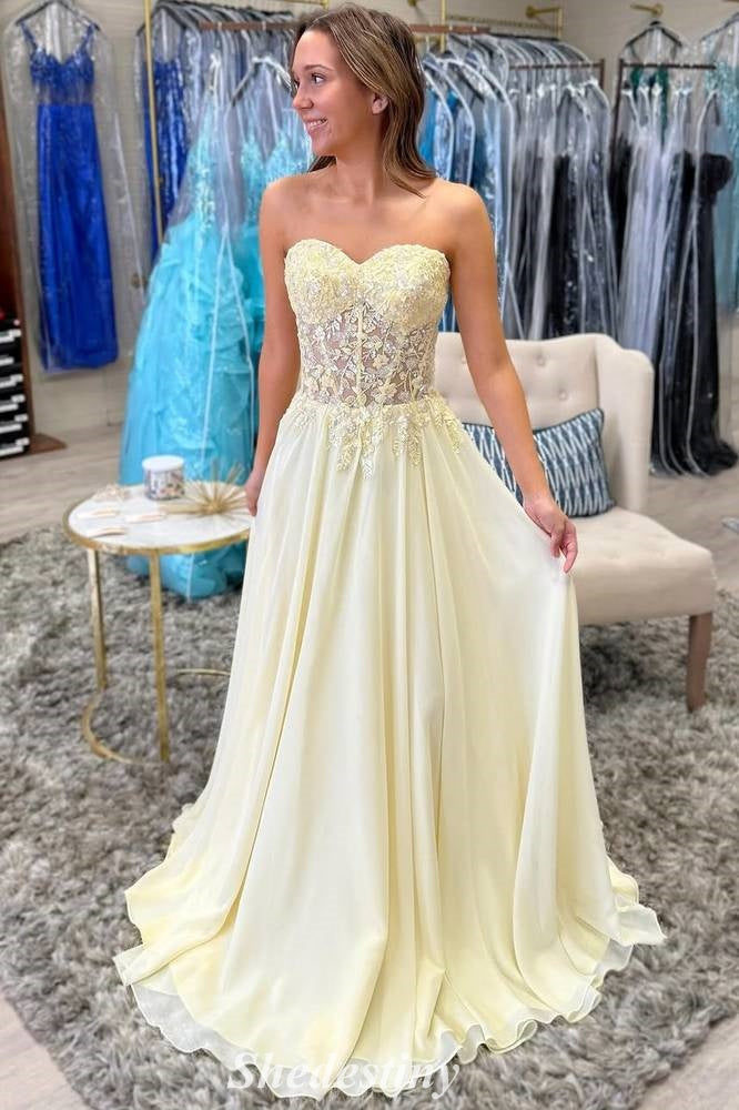 Sweetheart Yellow Applique Sequins Lace-up Prom Dress
