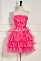 Hot Pink Strapless Tiered Short Homecoming Dress with Ruffles