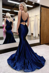 Navy V-Neck Satin Mermaid Long Prom Dress with Applique Rhinestone